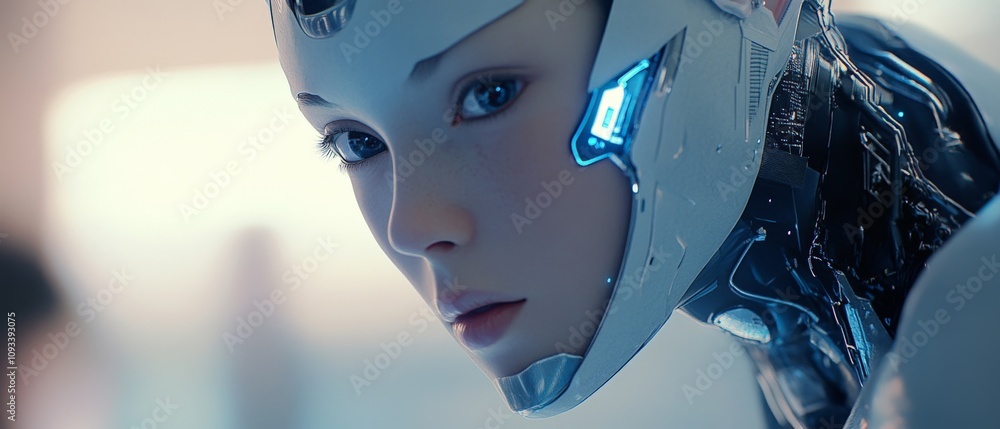 Poster futuristic android portrait: close-up of a beautiful female robot with advanced ai features, perfect
