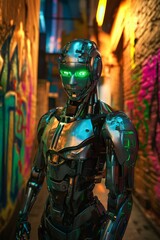 Fototapeta premium Futuristic Cybernetic Robot in Neon Alleyway: High-Tech Urban Art Background with Glowing Green Eyes for Sci-Fi and Technology Themes