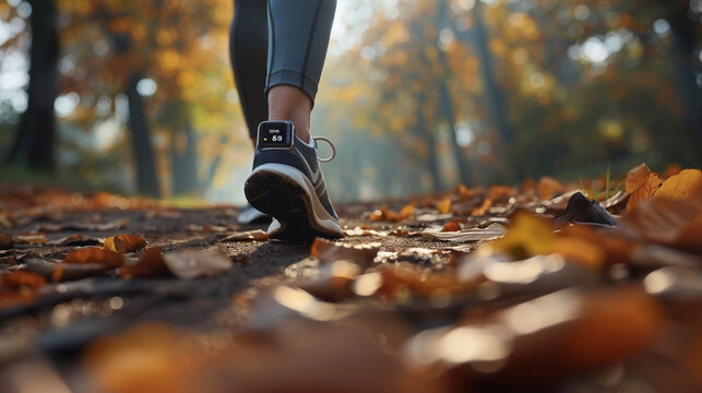 A wearable fitness tracker on a running trail, showing AI-generated metrics like heart rate, pace, and real-time health tips, seamlessly integrated into daily exercise routines. - Powered by Adobe