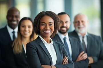 A confident business team stands together in a modern office, highlighting their dedication, collaboration, and synergy in a beautifully designed space that fosters success and innovation