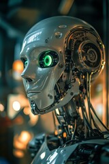 Fototapeta premium Futuristic Robot Close-Up: Advanced AI Technology with LED Eyes and Intricate Mechanisms in a Modern Design Setting