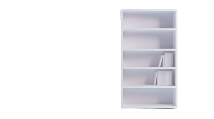 A minimalist white bookshelf with several empty shelves, standing on a plain white background