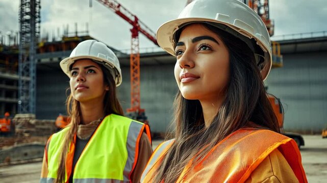 portait of two hispanic female construction workers wearing a helmet in a construction site