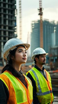 a woman and a man construction workers wearing a helmet in a construction site