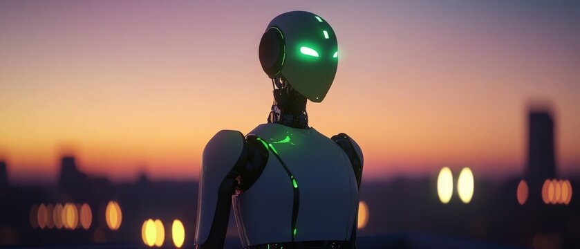 Futuristic Robot at Sunset: AI Technology and Urban Landscape Concept for Digital Art, Science Fiction, and Innovation Themes