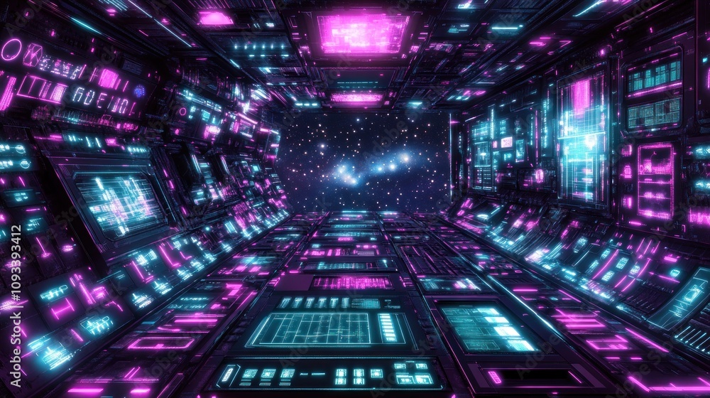 Poster futuristic spaceship corridor with neon lights and screens