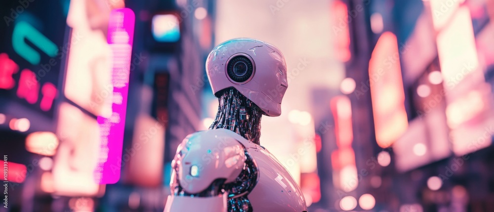 Poster futuristic robot in neon cityscape: artificial intelligence exploring times square at dusk with vibr