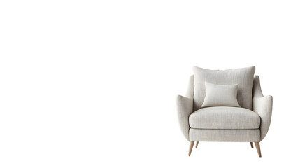 A cozy armchair with soft beige upholstery and a small pillow, set on a seamless white background