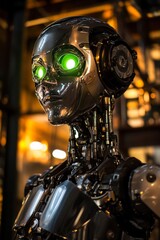 Fototapeta premium Futuristic Robot with Green Eyes: High-Tech Android Portrait in Urban Setting - Perfect for Sci-Fi, Technology, and Innovation Themes