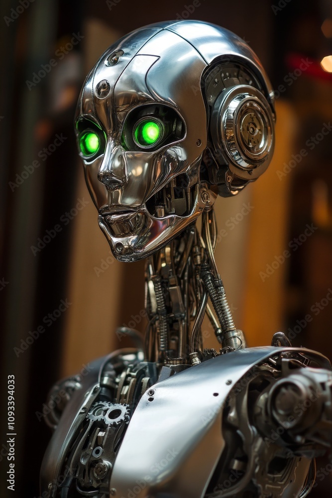 Poster futuristic silver robot with green eyes: advanced ai technology and cybernetic design in a sci-fi se