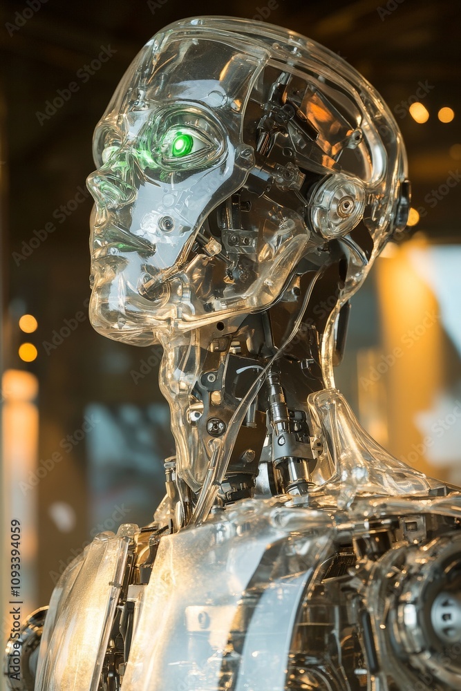 Poster futuristic transparent robot with green eyes: advanced technology and ai concepts for science fictio