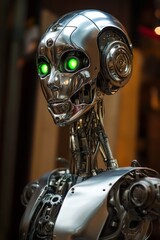 Fototapeta premium Futuristic Silver Robot with Green Eyes: Advanced AI Technology and Cybernetic Design in a Sci-Fi Setting