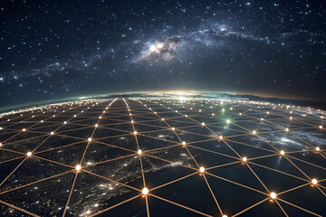 A vast, glowing AI network, with thousands of luminous nodes interconnected by glowing threads, creating an abstract web of intelligence