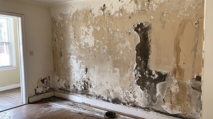 Severe mold and moisture damage on an interior wall revealing peeling paint and darkened patches in a room with wooden flooring.
