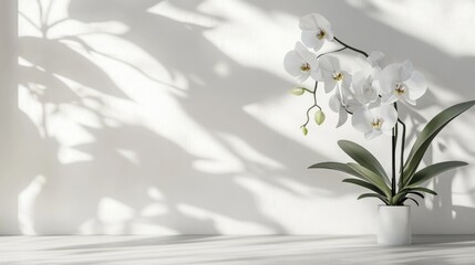 Orchid branches and leaves casting soft gray shadows on a white wall, creating an abstract natural theme with a neutral background and space for text.
