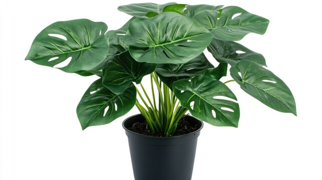 Mini Monstera plant showcasing vibrant green leaves with distinctive splits and holes, displayed in a simple black pot against a clean white background.