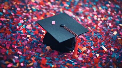 Graduation Cap Surrounded by Colorful Confetti Celebrating Academic Achievement and Milestones