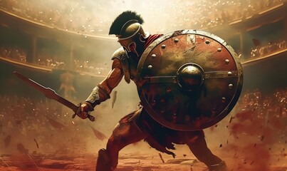 Gladiator is fighting with sword and shield, Generative AI