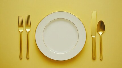 Elegant flat lay table setting for festive celebration featuring a blank white porcelain plate with golden cutlery against a bright yellow background.