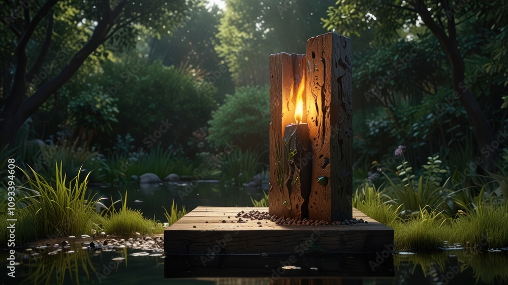 Poster here's a description and keywords for the image.. mystical wooden sculpture with fire, nestled in a 