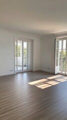 Obraz premium Sunlit spacious room with gleaming hardwood floors and French doors opening to balconies, creating an airy, inviting atmosphere in a modern apartment interior.