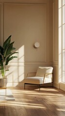 Fototapeta premium Sunlit corner of a minimalist living room with beige walls, featuring a sleek white armchair and potted plant, exuding calm and modern elegance.
