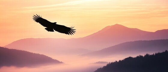 Naklejka premium Majestic Eagle Soaring Over Scenic Mountain Landscape at Sunset â€“ Beautiful Nature Photography for Wildlife and Adventure Themes