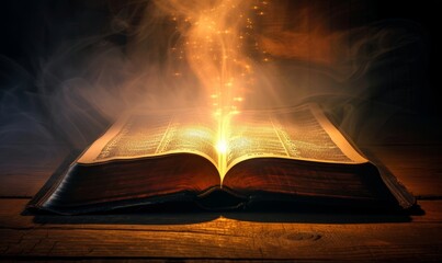 Holy Bible with light emitting from it, Generative AI