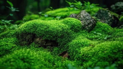 Lush green moss blankets tree bark with visible signs of disease, creating a contrast between vibrant nature and deteriorating health.