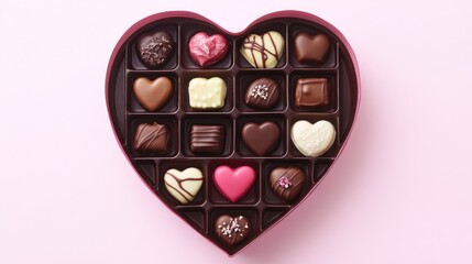 Heart-shaped chocolate box filled with assorted chocolates on a soft pink background, viewed from above, showcasing detailed confectionery designs.