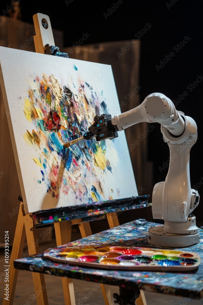 Poster robotic arm creating abstract art on canvas: innovation in artistry with technology and colorful pai