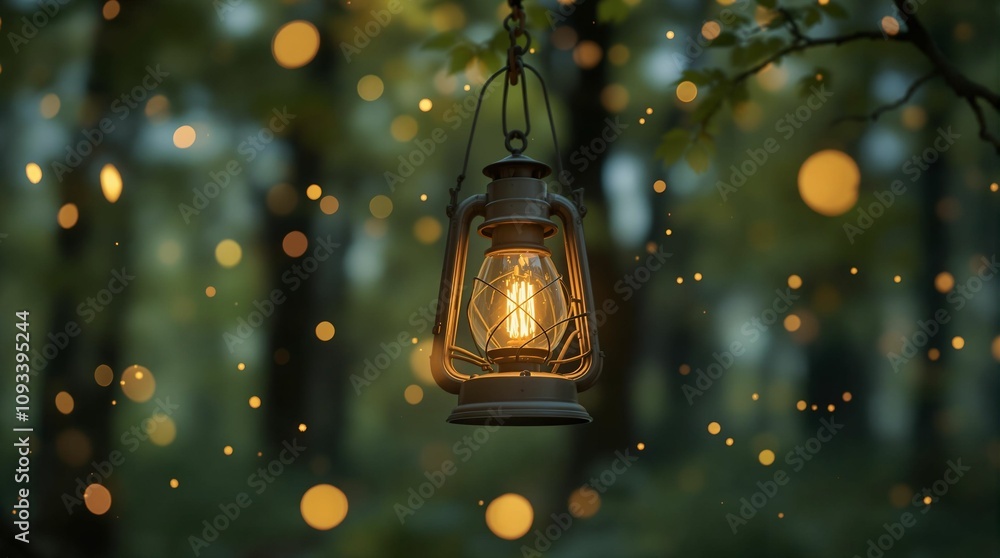 Poster lantern in the forest. beautiful bokeh background.