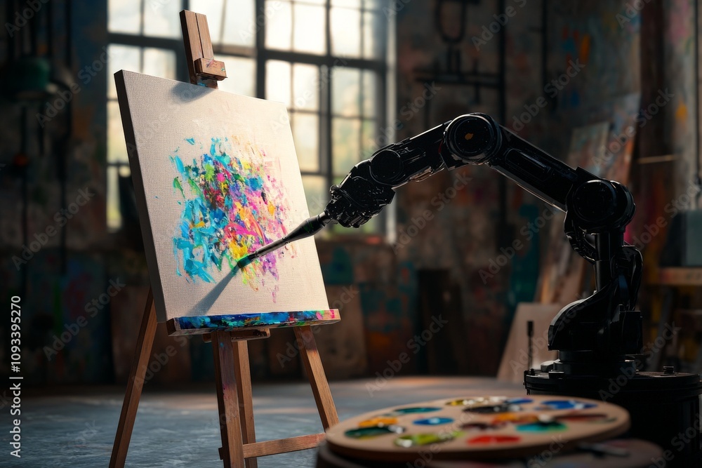 Poster robotic arm creating colorful abstract art on canvas in modern studio setting â€“ innovation in art 