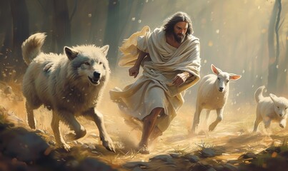 Jesus running towards wolf and lamb, Generative AI