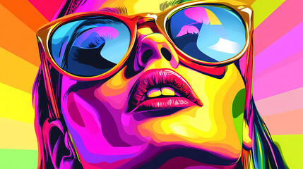 Colorful pop art portrait of a person with sunglasses, vibrant background. Vibrant Pop Art. Illustration