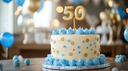 Milestone 50th birthday cake featuring golden topper and blue frosting accents, decorated with polka dots for a festive celebration.