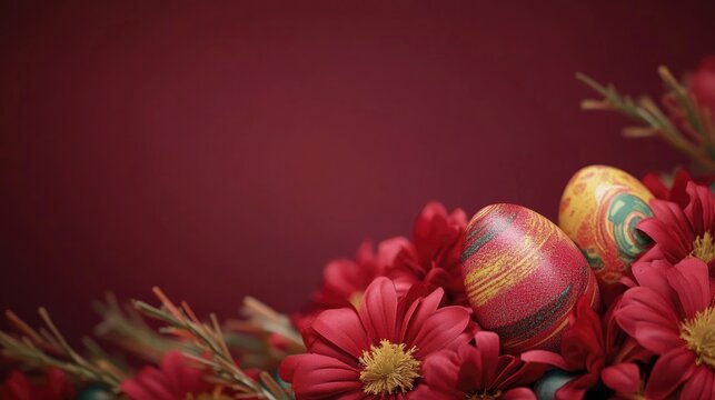 Colorful Easter eggs surrounded by lush red flowers against a rich burgundy background highlighting springtime vibrancy and festive spirit