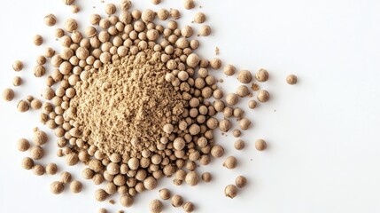 Coriander powder mound surrounded by whole coriander seeds on a clean white background, viewed from above showcasing texture and color variations.