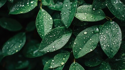 Fototapeta premium Lush green leaves adorned with glistening water droplets in a softly focused, natural setting, showcasing natureâ€™s refreshing beauty.