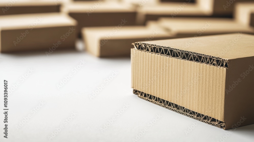 Poster close-up of a cardboard box on a table surrounded by more boxes, showcasing its texture and structur