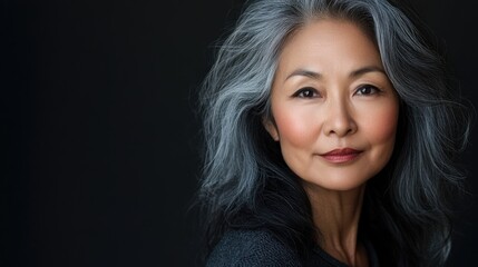 Fototapeta premium Elegant portrait of a middle-aged woman with flowing silver hair and a warm expression, set against a dark background.