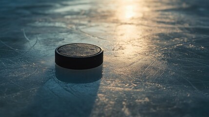 Ice hockey puck positioned on a smooth, reflective ice surface captures the excitement and dynamic energy of the sport in a serene moment.