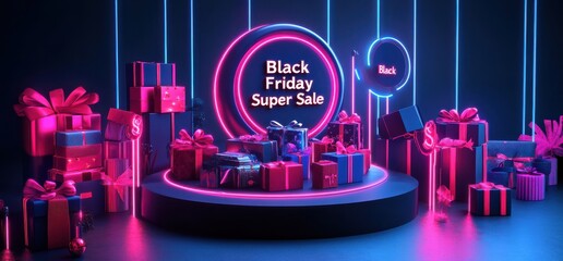 Vibrant and dynamic Black Friday super sale advertisement with neon lights and gift boxes
