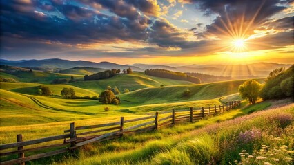 Obraz premium Rustic Summer Landscape Bathed in Golden Evening Sunlight with Lush Green Fields and Rolling Hills Capturing the Essence of Tranquility and Nature's Beauty