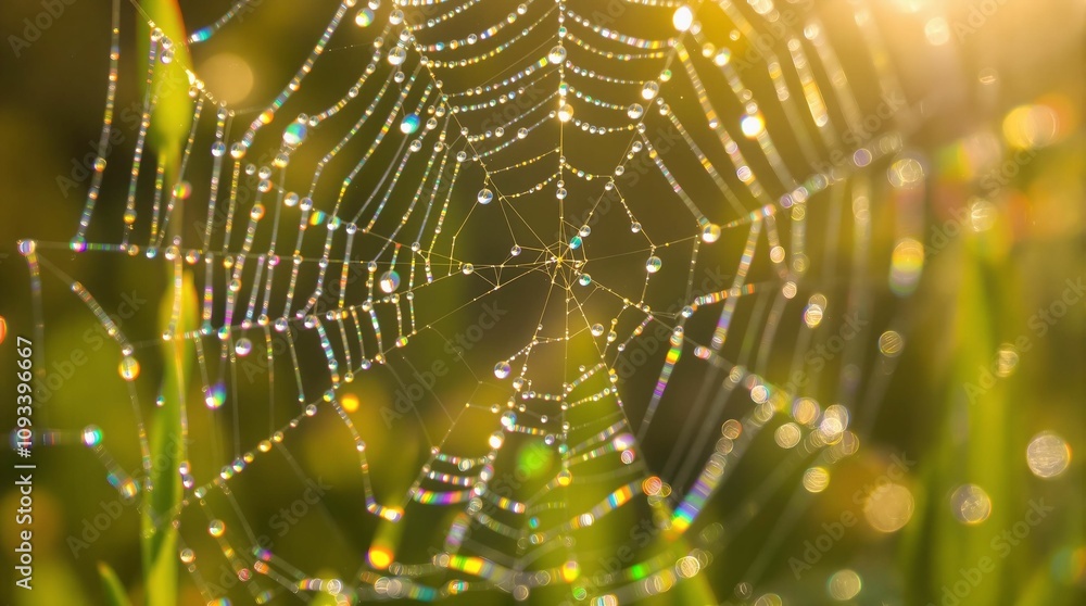 Poster spider web with dew drops in the morning, shallow depth of field
