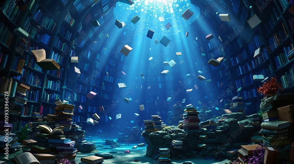 Poster fantasy scene with books in the underwater world. 3d rendering