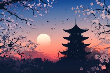 Serene Sunset Over Cherry Blossom Trees and Traditional Asian Pagoda - Tranquil Nature Scene for Scenic Travel and Cultural Inspiration