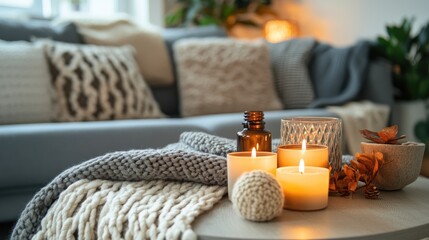 Warm and inviting indoor scene with soothing candles, fragrant oils, and a cozy blanket, creating a tranquil and peaceful ambiance.