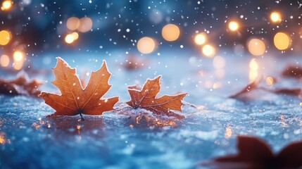 Macro shot of snowflakes falling on a frozen surface with brown leaves and soft decorative lights, creating a serene winter ambiance in low light.