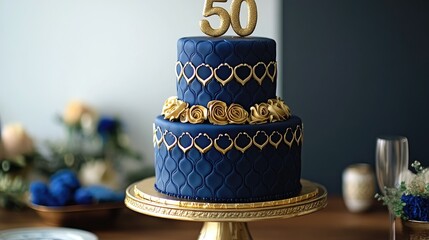 Two-tiered blue and gold cake featuring a decorative 50 topper, embellished with gold roses and intricate patterns, ideal for a milestone birthday celebration.